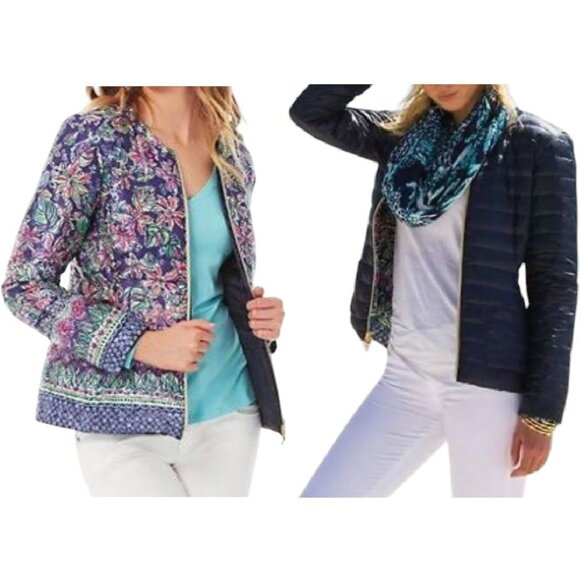 Lilly Pulitzer Down Coat Women Size M Lilah Reversible Navy Not Too Catty Puffer - Picture 1 of 16